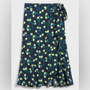 Banana Republic Tier Wrap Midi Skirt Dark Navy Blue Lemon Print. 🍋. Size 16.